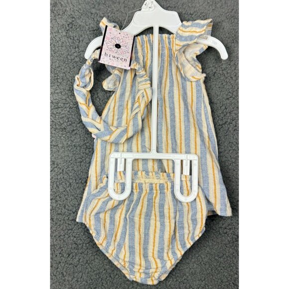 Btween 3M 3 nfant Outfit Set With Headband Yellow & Blue Stripes Embroidered Flo - Picture 6 of 7